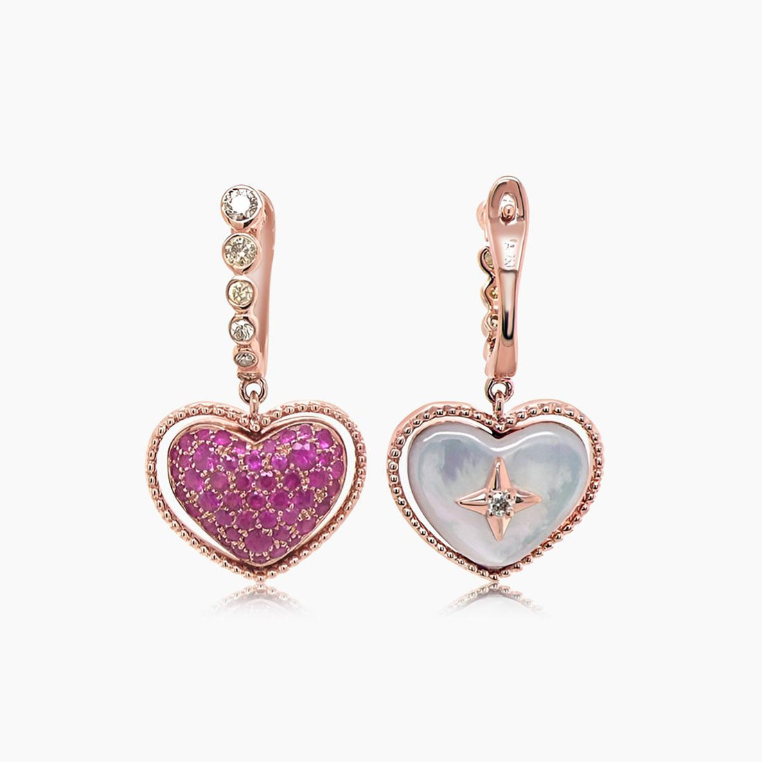 Heart Shape White Pearl & Ruby & Fancy Diamond 18K Rose Gold Love Earrings