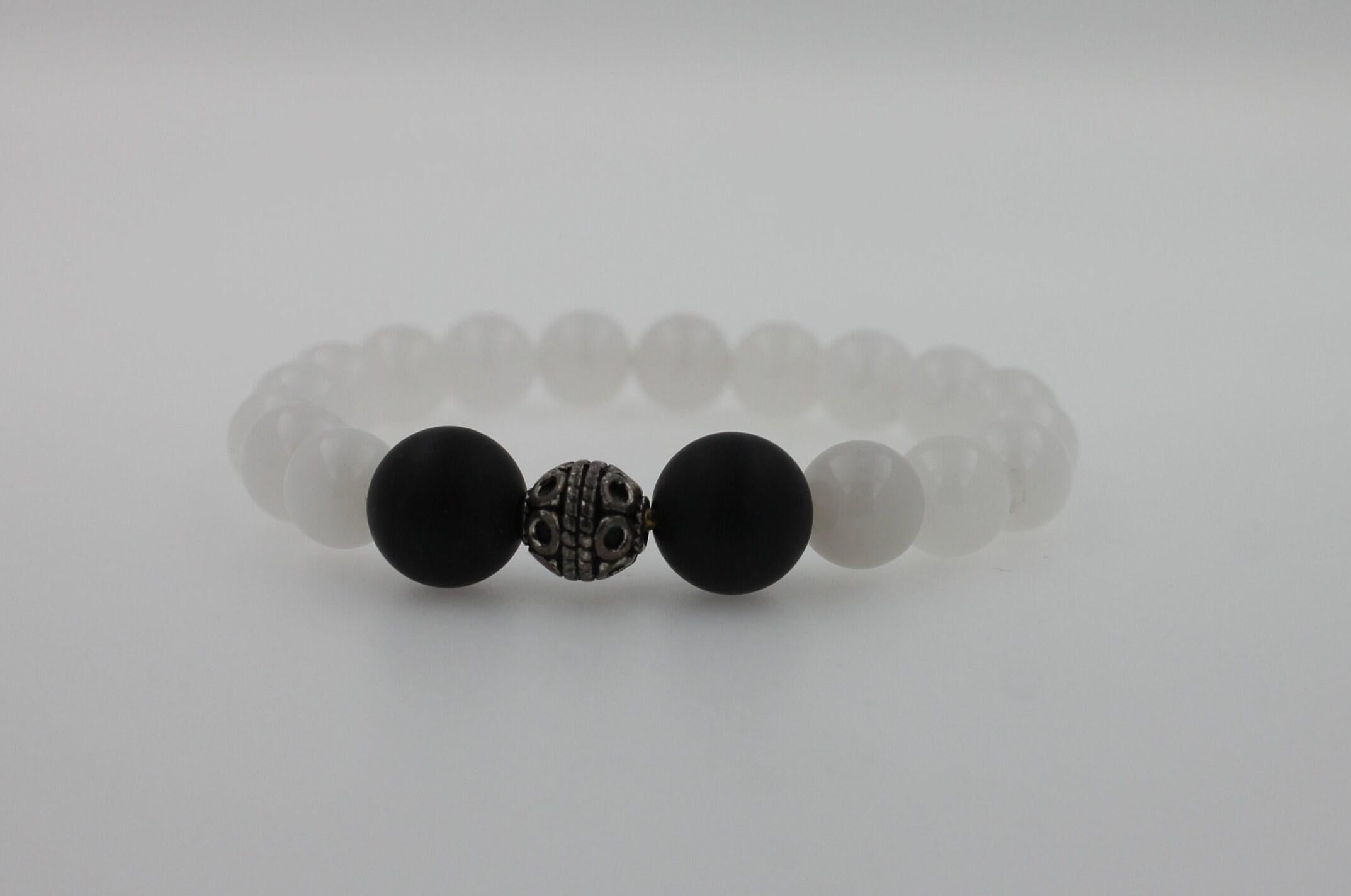 White Agate Black Onyx Round Bead Stretchy Unique Statement Circle Beads Chakra