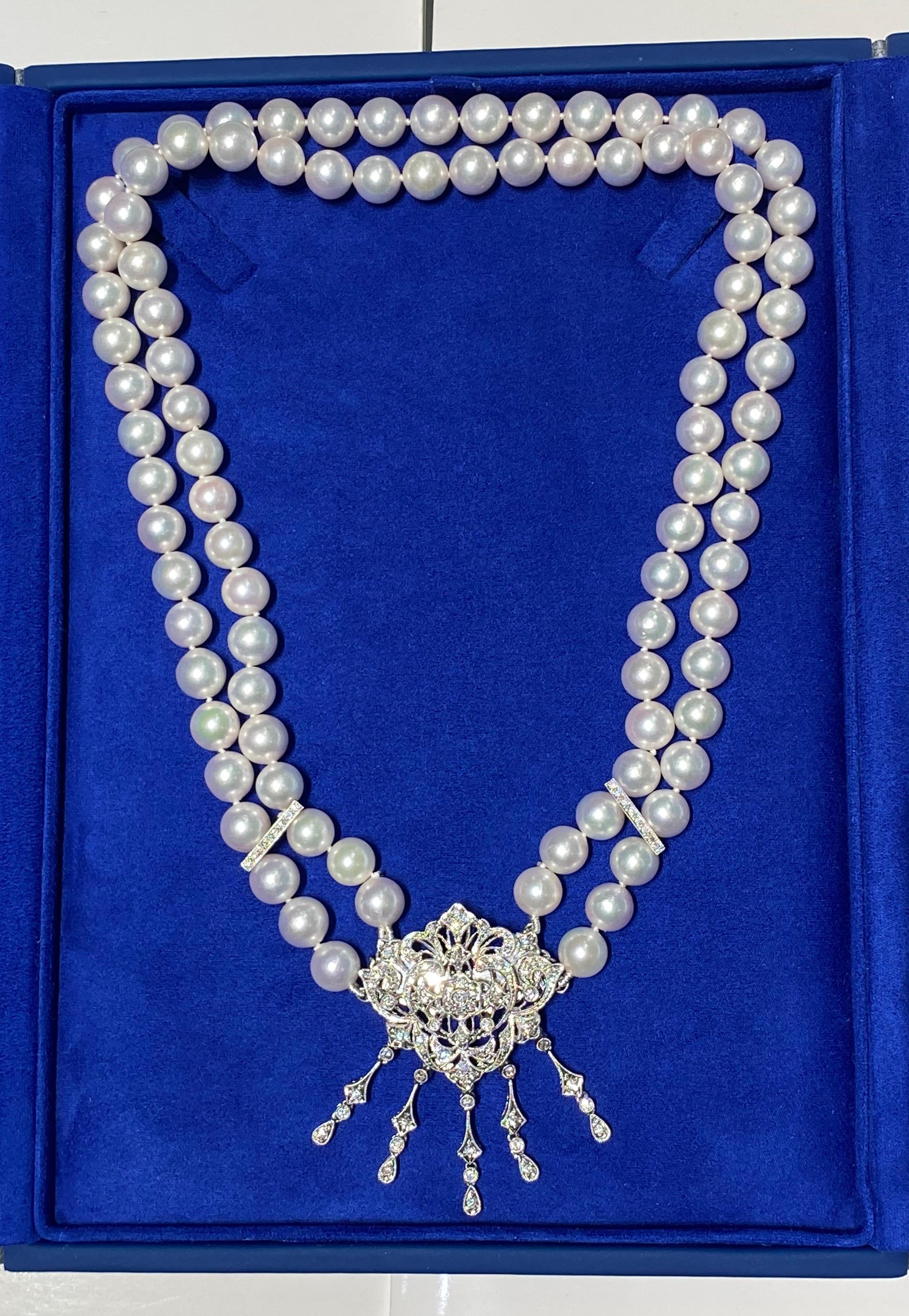 White Japanese Akoya Pearl Diamond 18 Karat White Gold Necklace Brooch Pin Combo