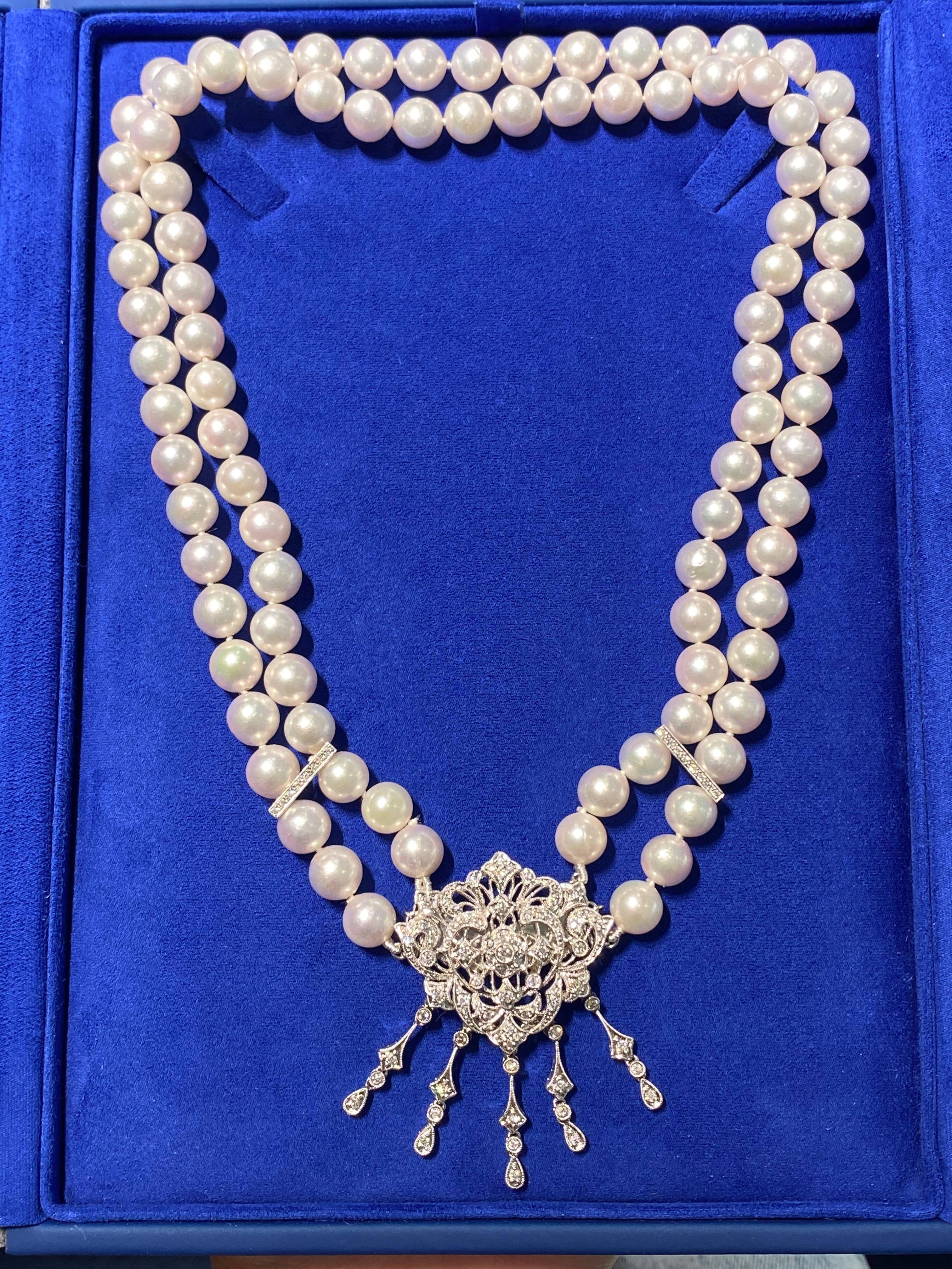 White Japanese Akoya Pearl Diamond 18 Karat White Gold Necklace Brooch Pin Combo