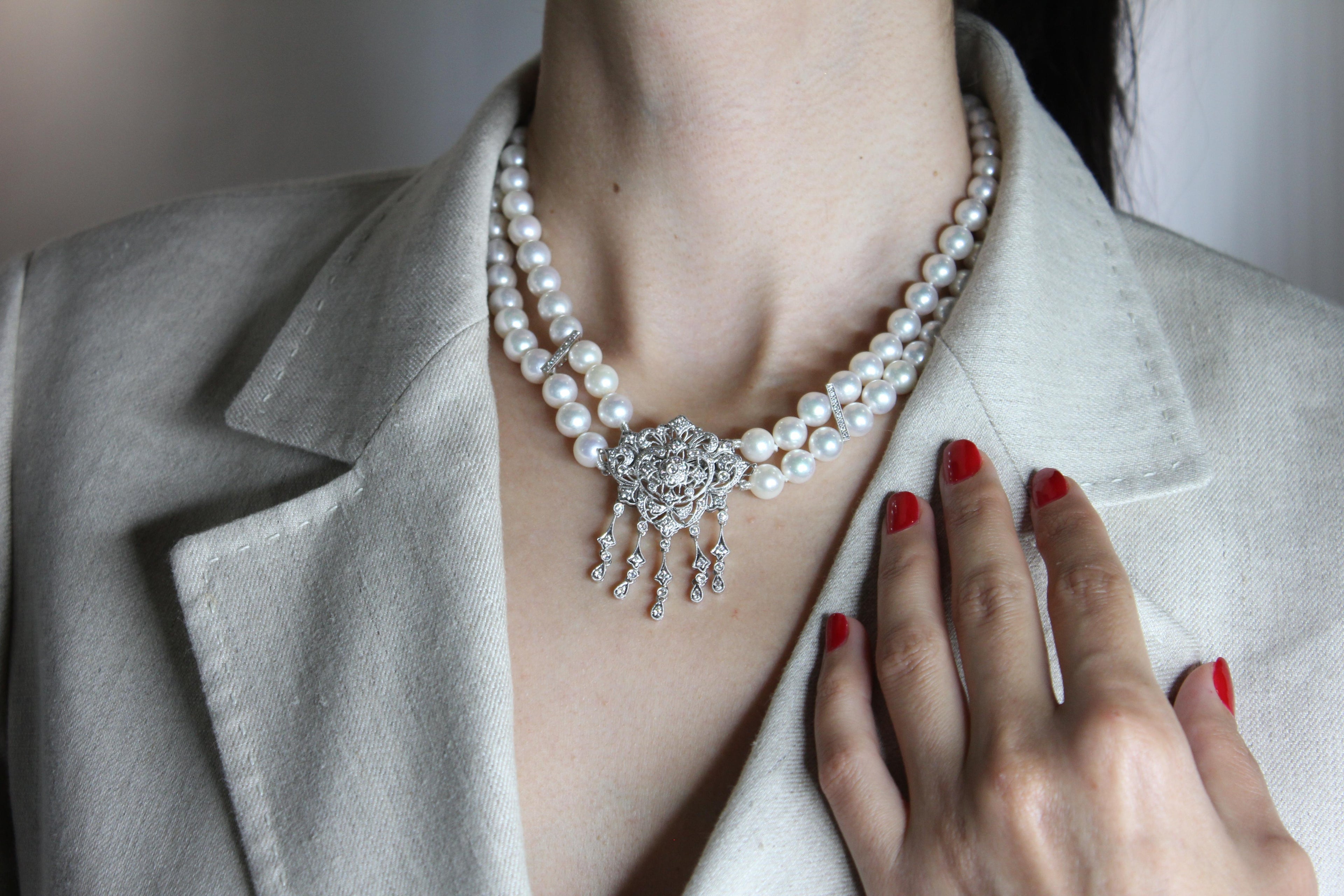 White Japanese Akoya Pearl Diamond 18 Karat White Gold Necklace Brooch Pin Combo