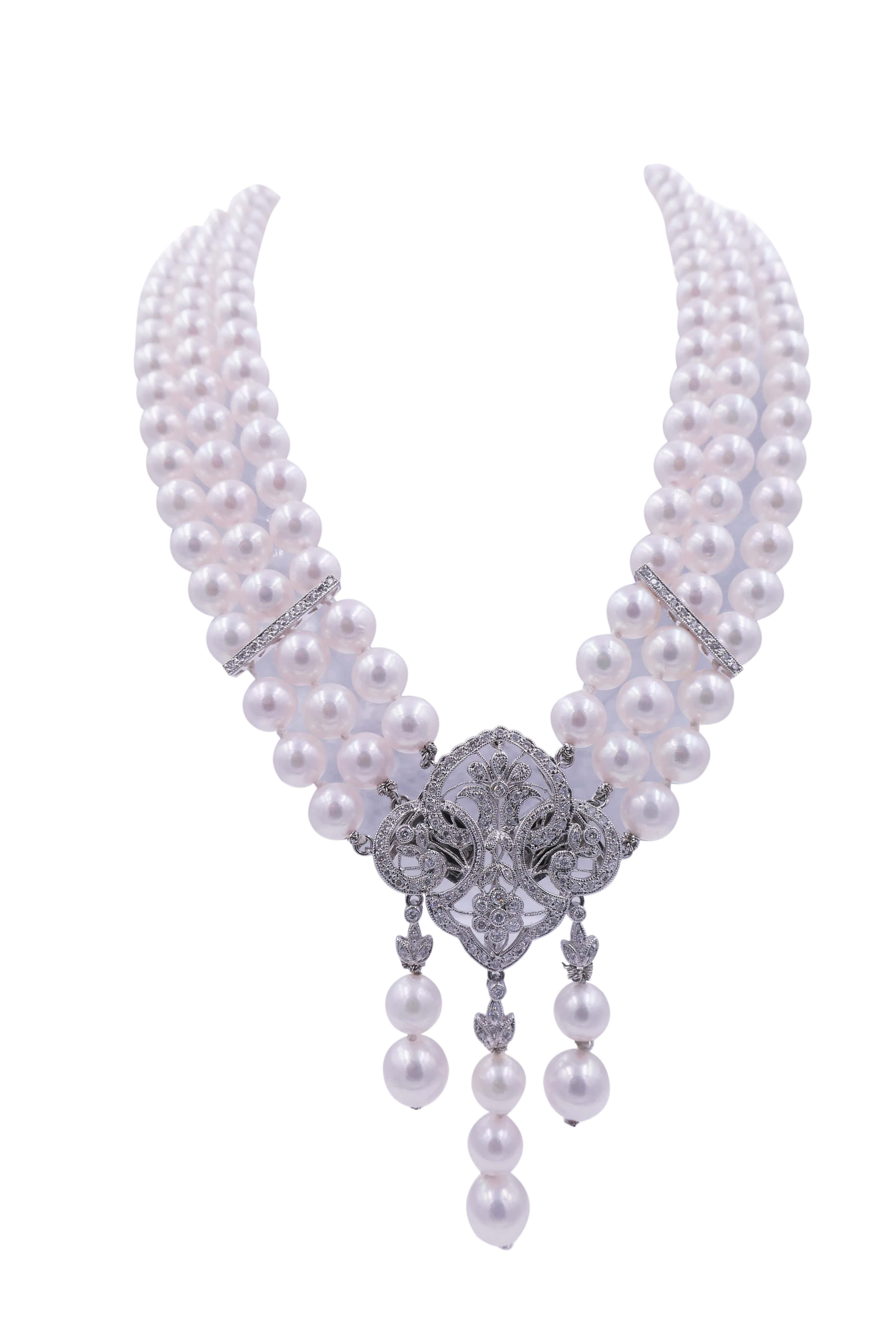 White Japanese Akoya Pearl Diamond 18 Karat White Gold Necklace Brooch Pin Combo