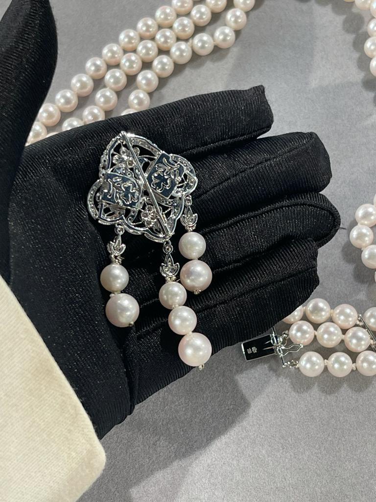 White Japanese Akoya Pearl Diamond 18 Karat White Gold Necklace Brooch Pin Combo