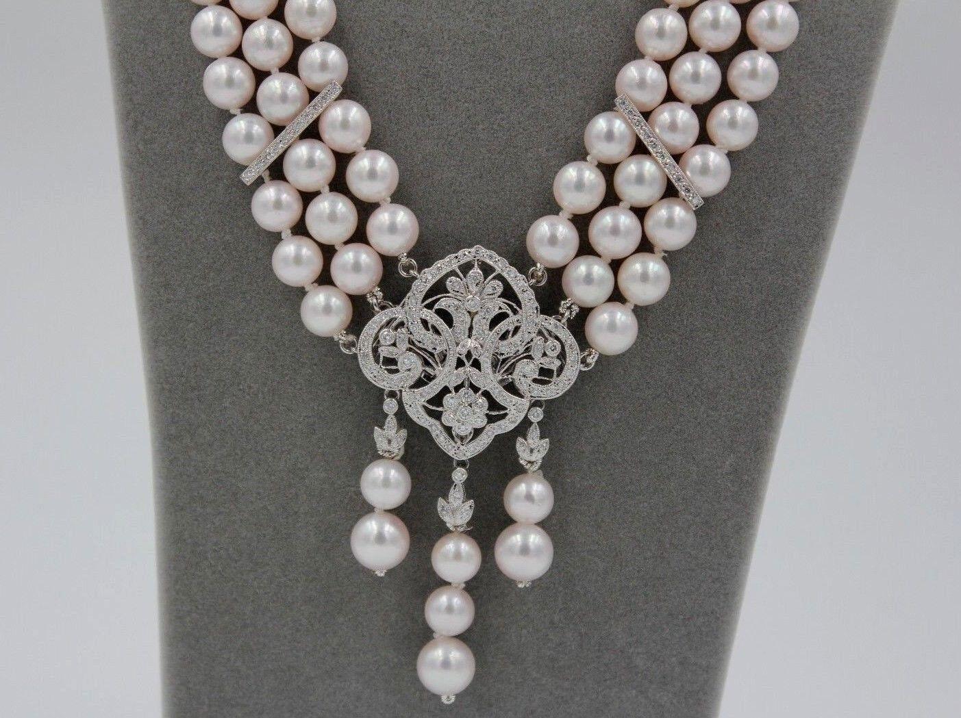 White Japanese Akoya Pearl Diamond 18 Karat White Gold Necklace Brooch Pin Combo