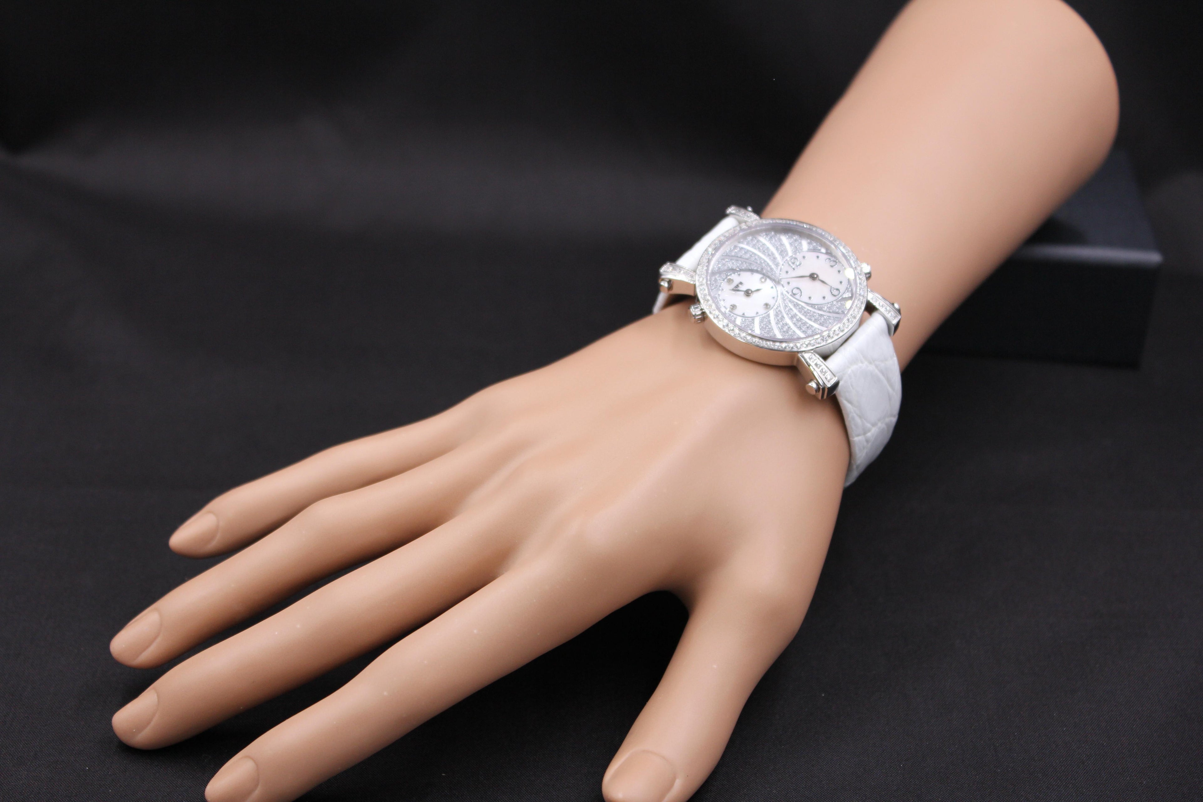 White Sapphires Pave Dial Luxury Swiss Quartz Exotic Leather Band Watch