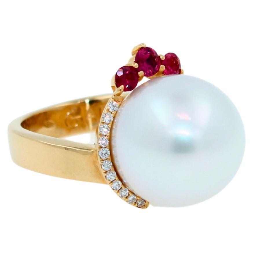 White South Sea Pearl Diamond Halo Comet Form Pink Red Spinel 18 Karat Gold Ring