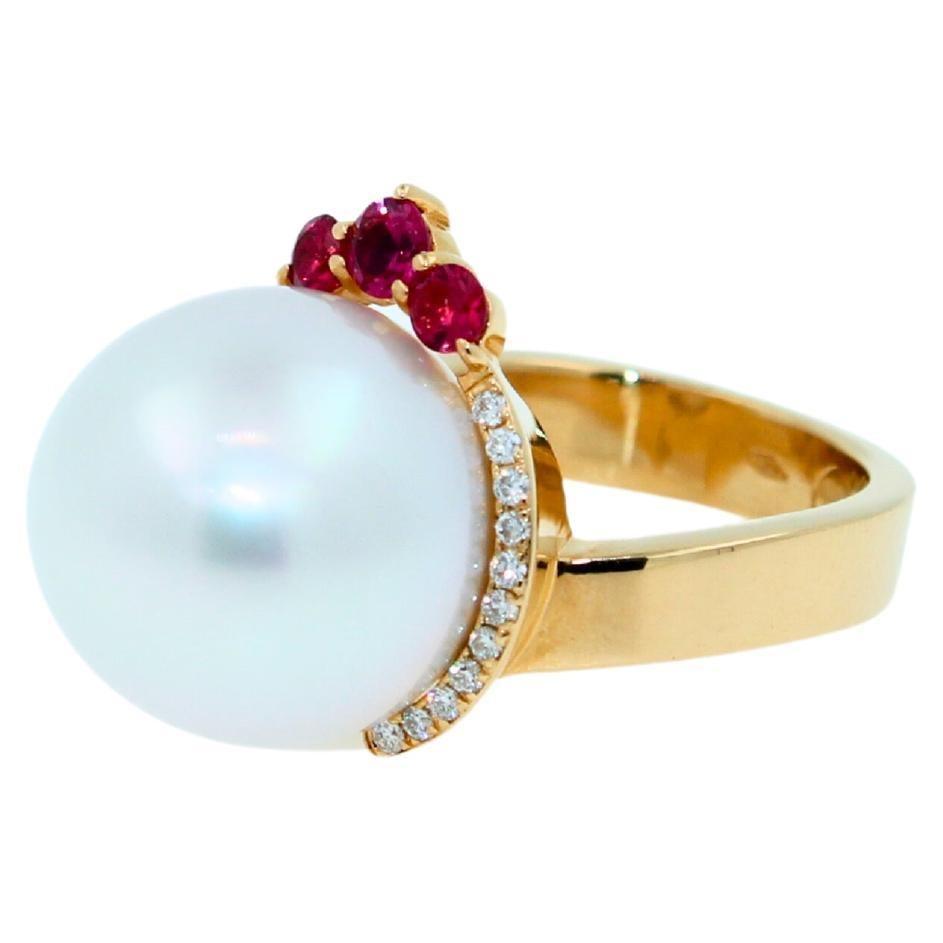 White South Sea Pearl Diamond Halo Comet Form Pink Red Spinel 18 Karat Gold Ring