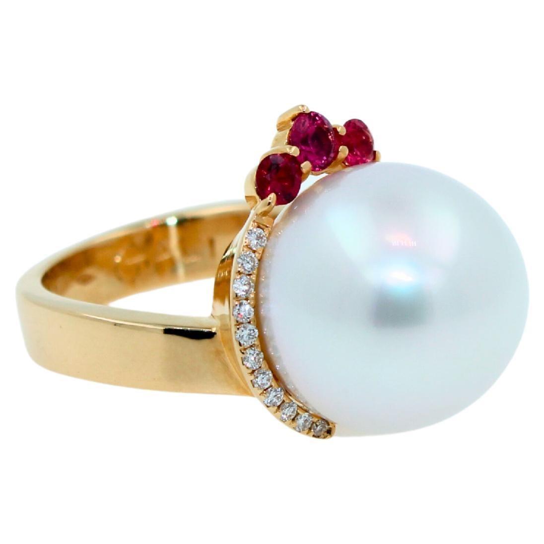White South Sea Pearl Diamond Halo Comet Form Pink Red Spinel 18 Karat Gold Ring