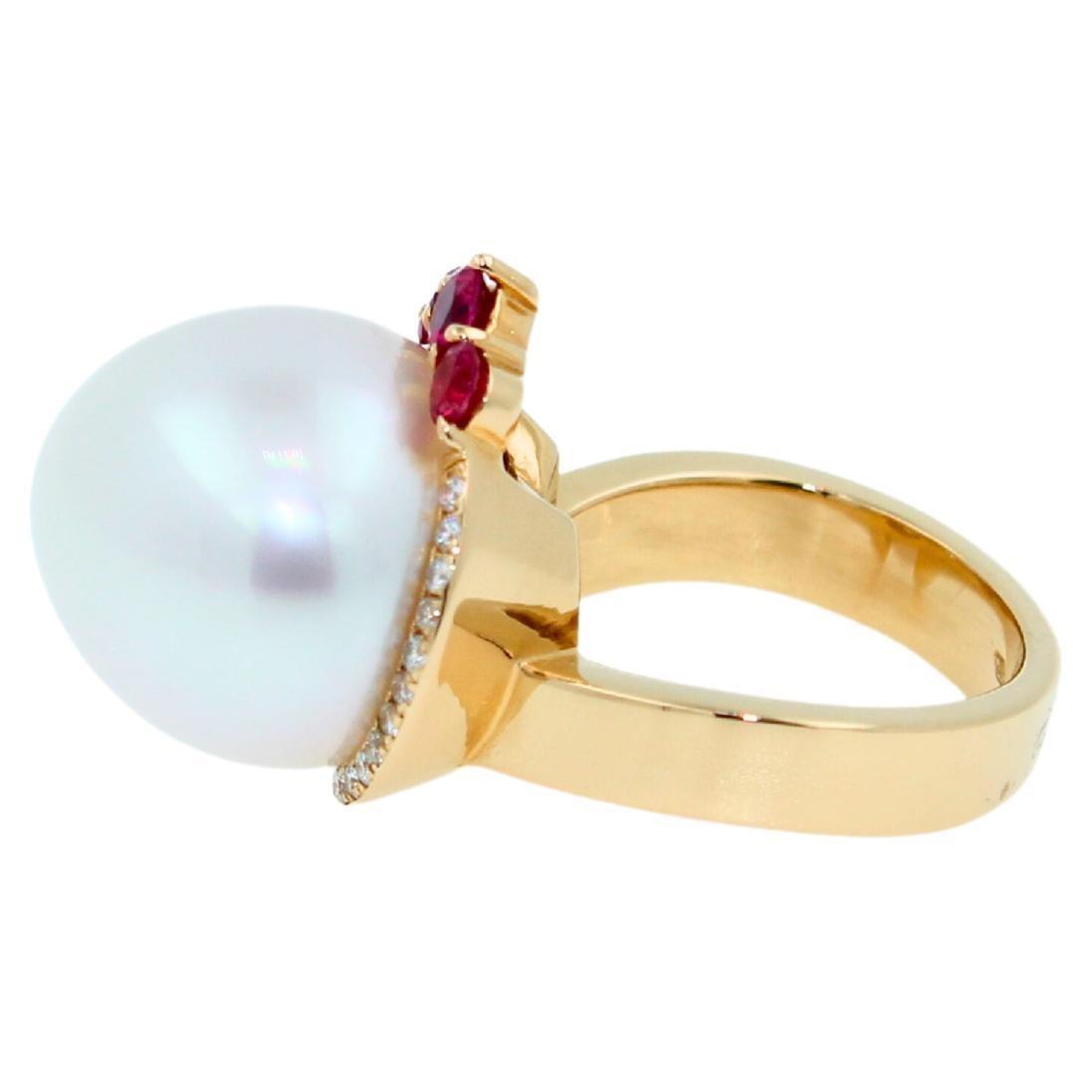 White South Sea Pearl Diamond Halo Comet Form Pink Red Spinel 18 Karat Gold Ring