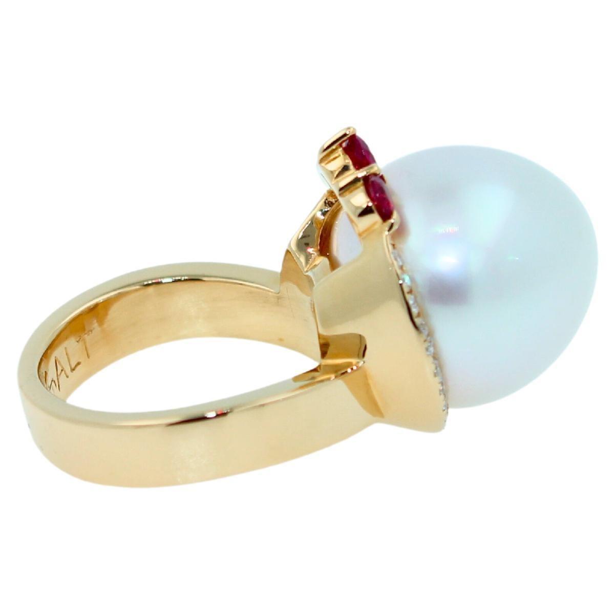 White South Sea Pearl Diamond Halo Comet Form Pink Red Spinel 18 Karat Gold Ring