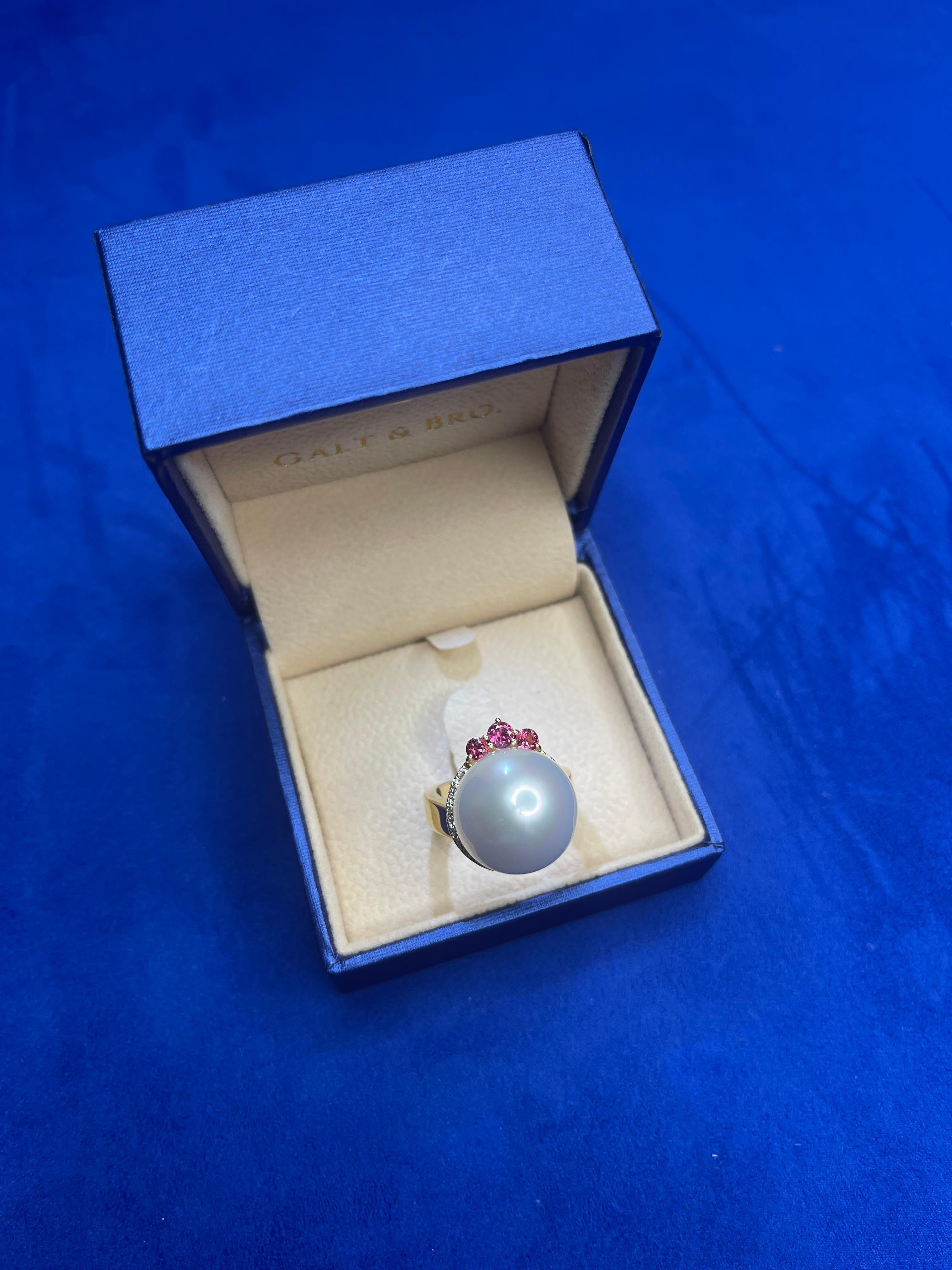 White South Sea Pearl Diamond Halo Comet Form Pink Red Spinel 18 Karat Gold Ring