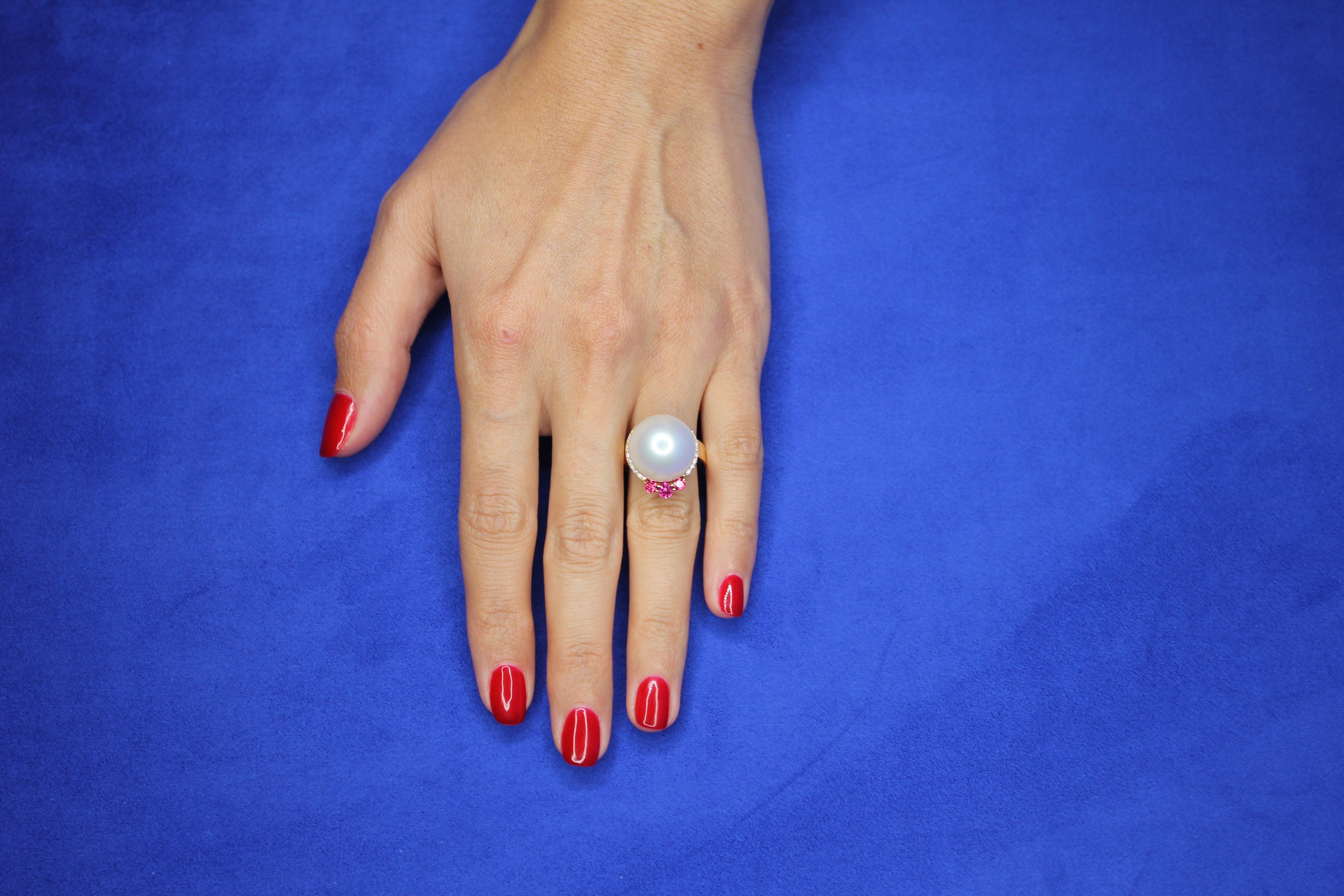White South Sea Pearl Diamond Halo Comet Form Pink Red Spinel 18 Karat Gold Ring