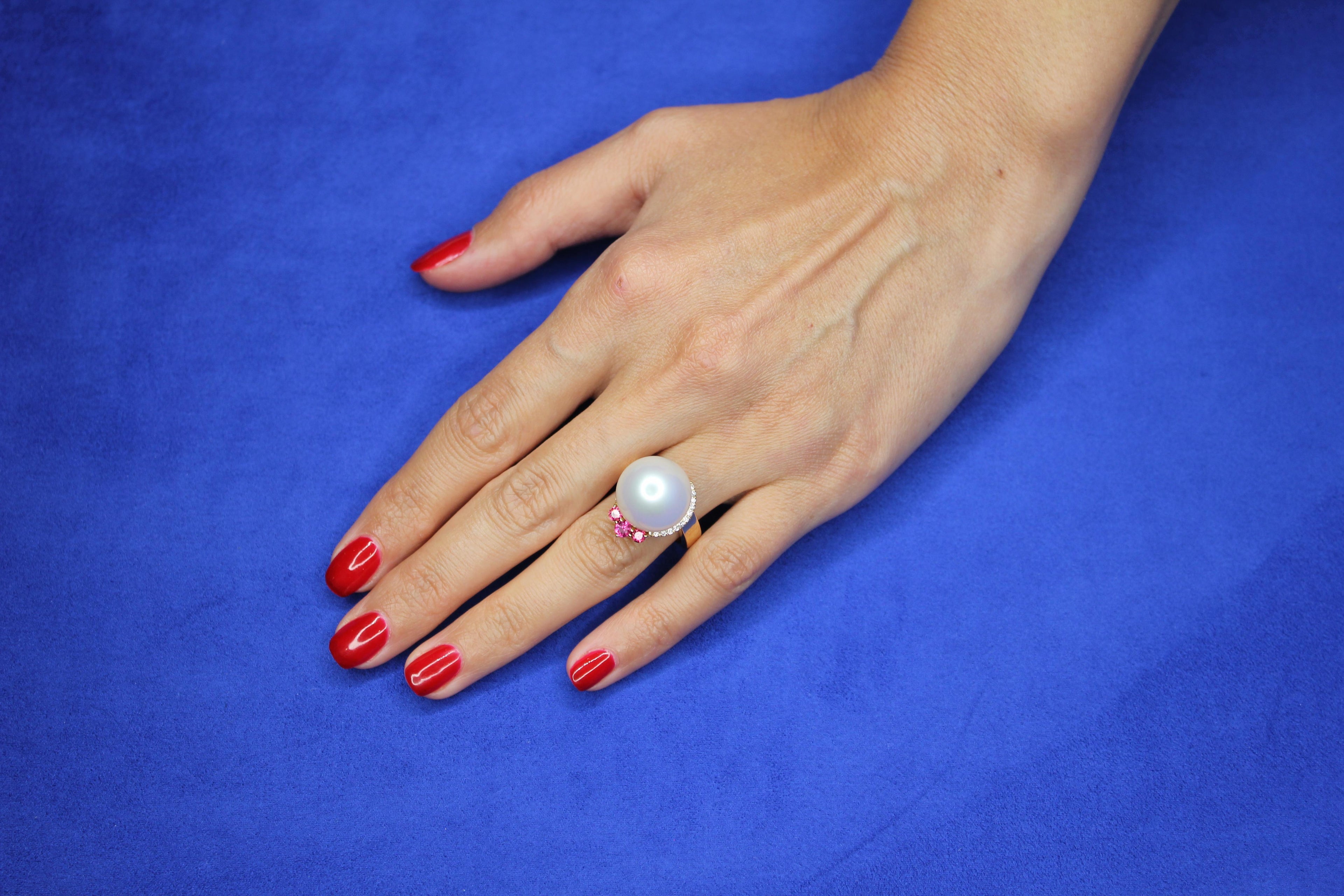White South Sea Pearl Diamond Halo Comet Form Pink Red Spinel 18 Karat Gold Ring