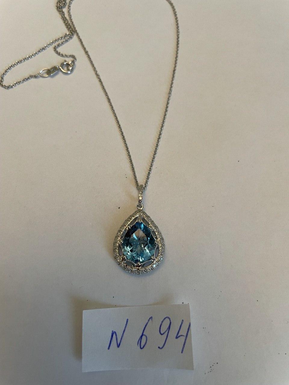 Pear Teardrop Swiss Blue Topaz 14K White Gold Diamond Halo Pendant Necklace