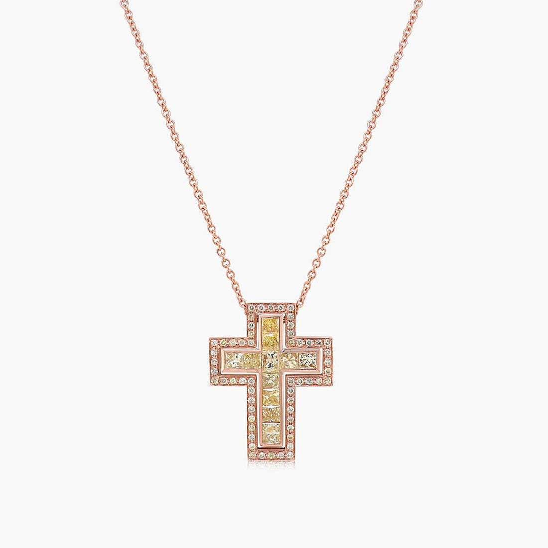 Square Cut Yellow Diamond & Fancy Diamond 18K Rose Gold Cross Pendant Necklace