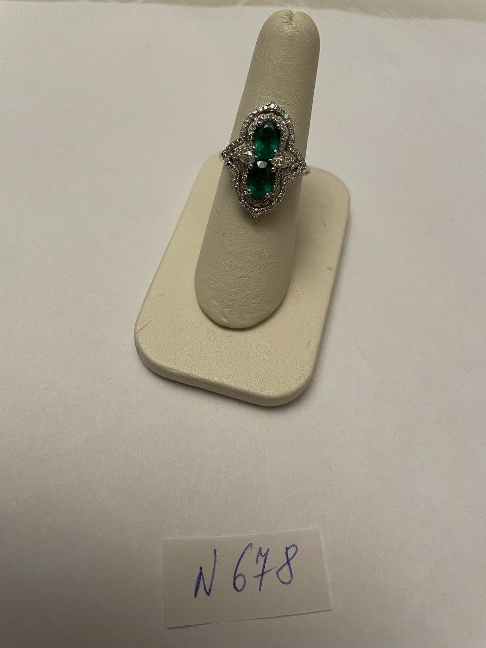 Two Stone Oval Shape Green Emerald Diamond Pave Halo Shield 14K White Gold Ring