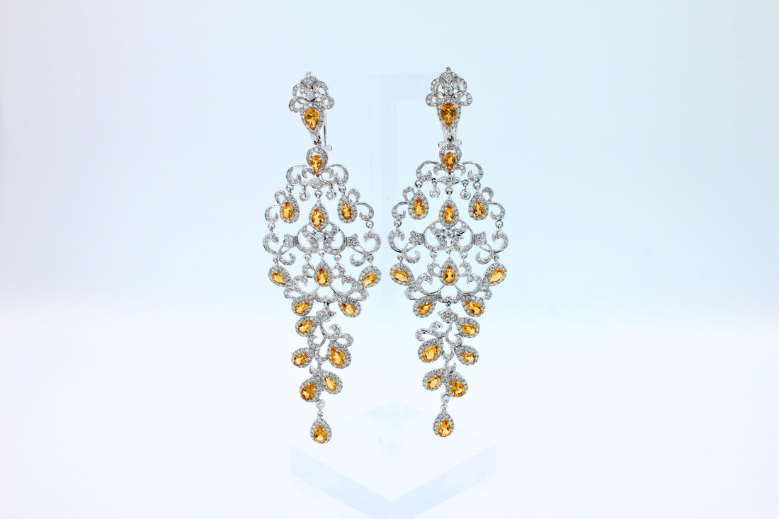 Yellow Sapphire Ornamental Diamond Pave Chandelier Drop 18k White Gold Earrings