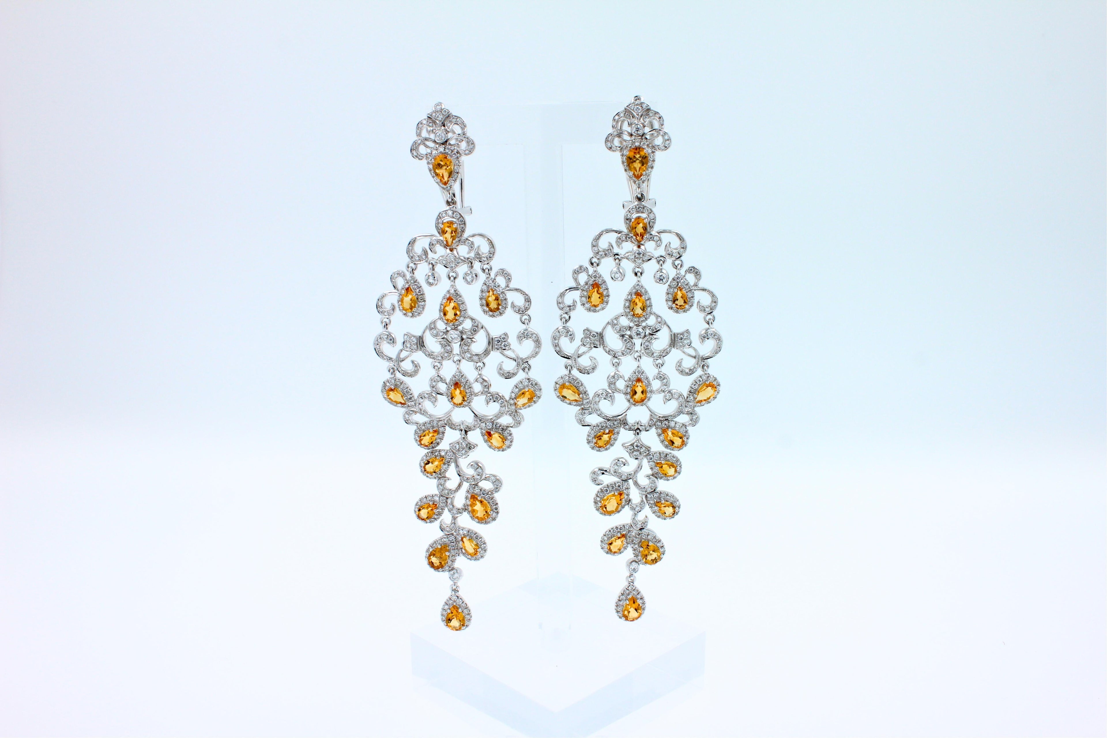 Yellow Sapphire Ornamental Diamond Pave Chandelier Drop 18k White Gold Earrings
