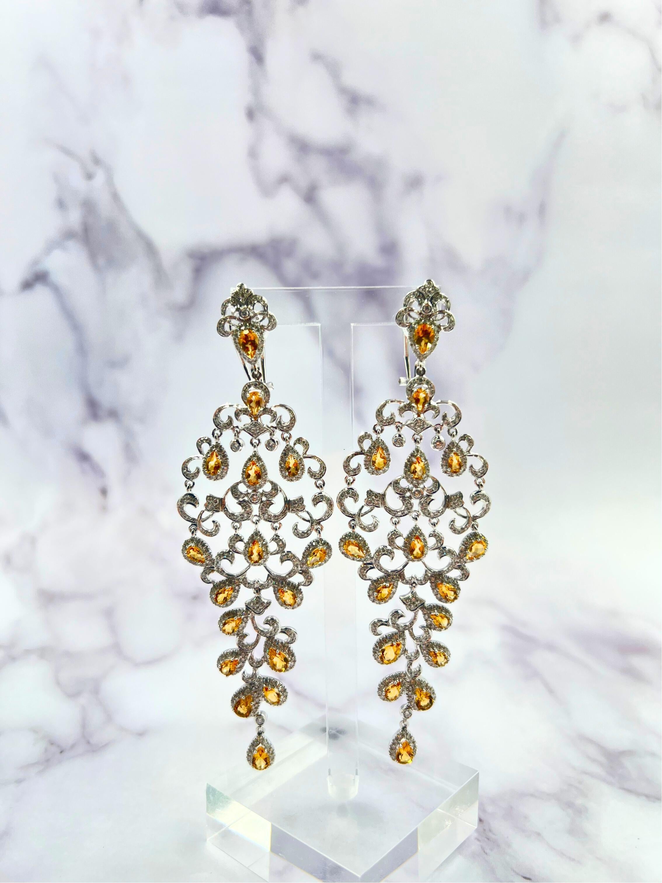 Yellow Sapphire Ornamental Diamond Pave Chandelier Drop 18k White Gold Earrings