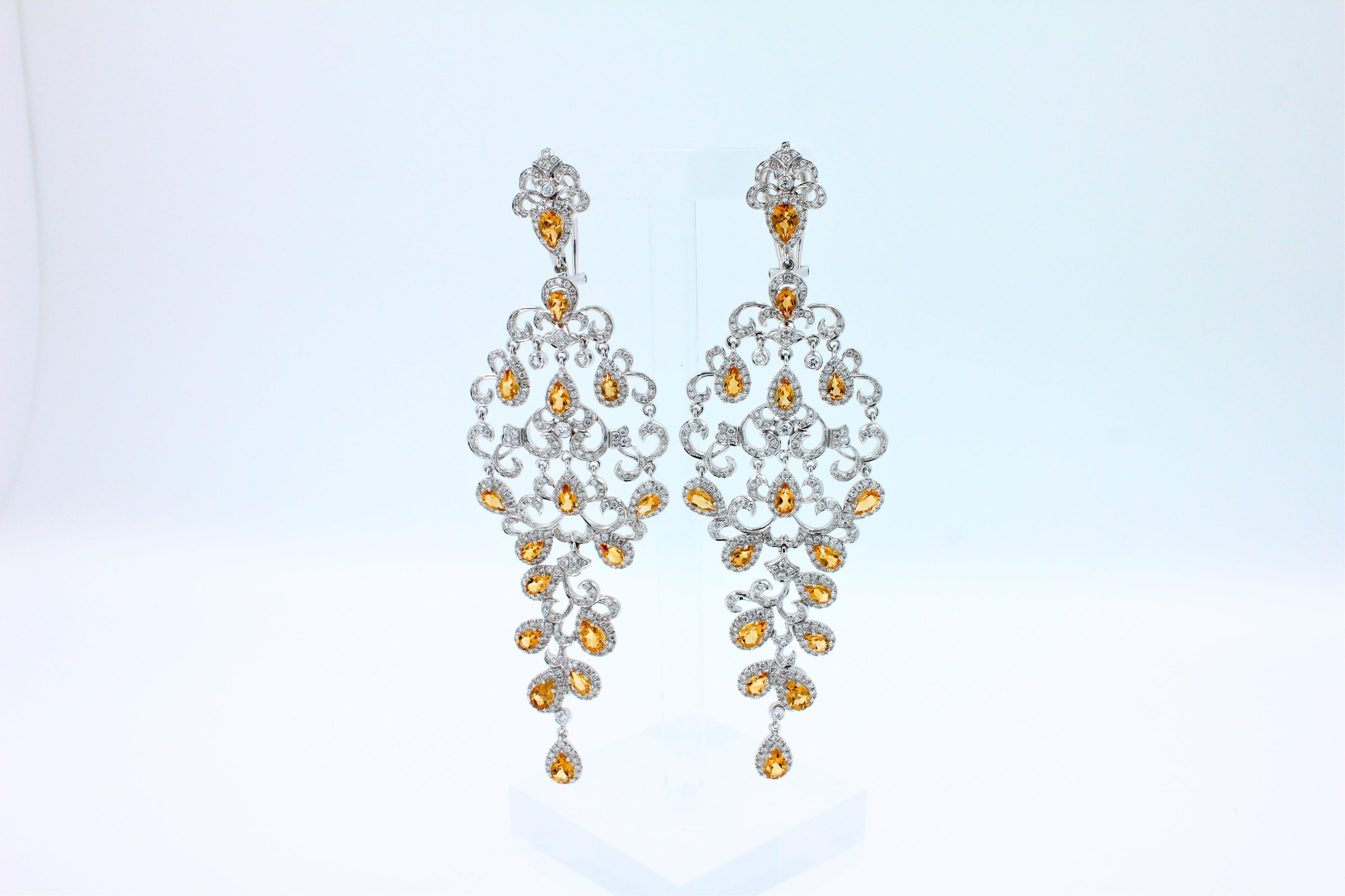 Yellow Sapphire Ornamental Diamond Pave Chandelier Drop 18k White Gold Earrings