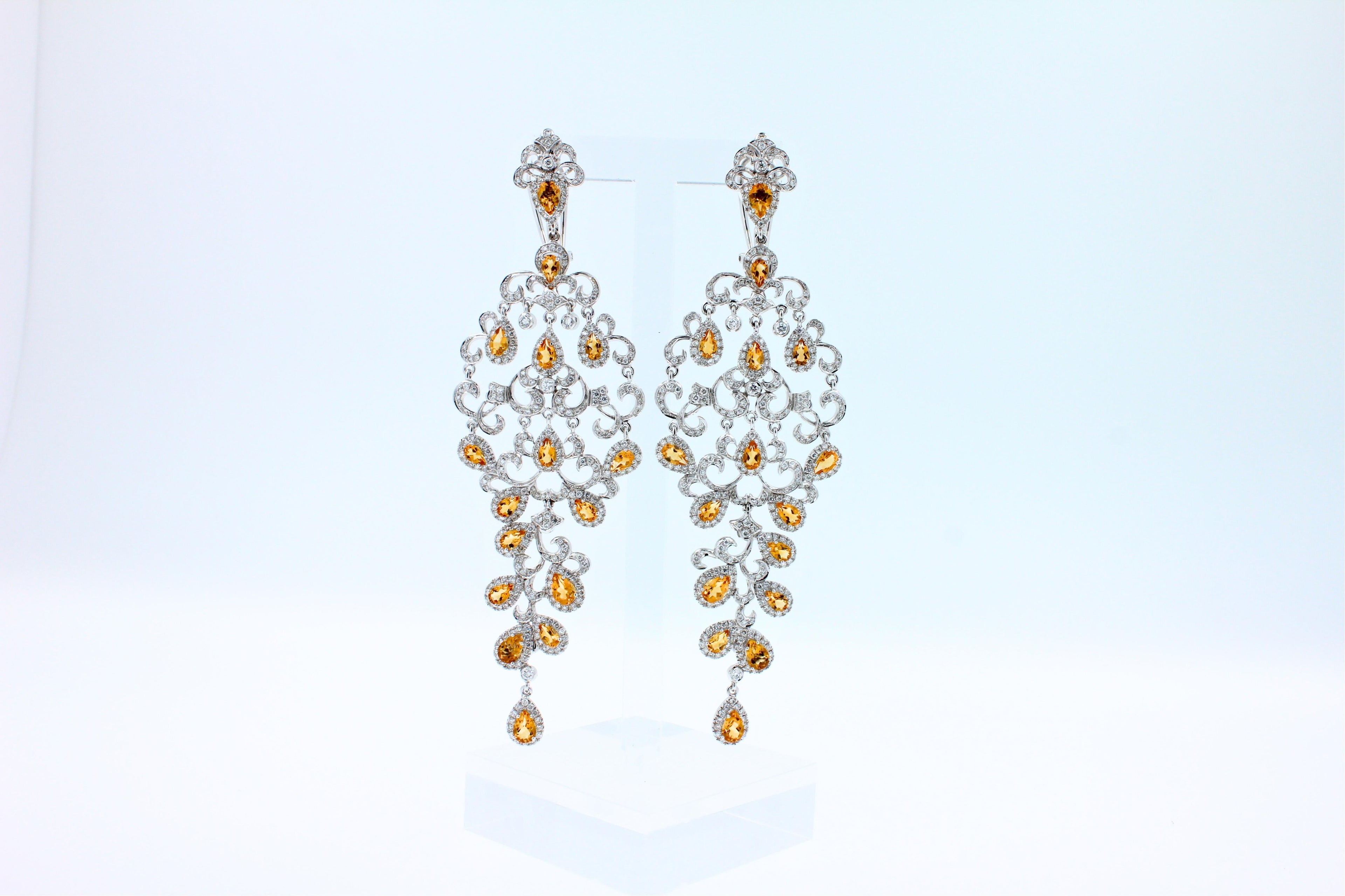 Yellow Sapphire Ornamental Diamond Pave Chandelier Drop 18k White Gold Earrings