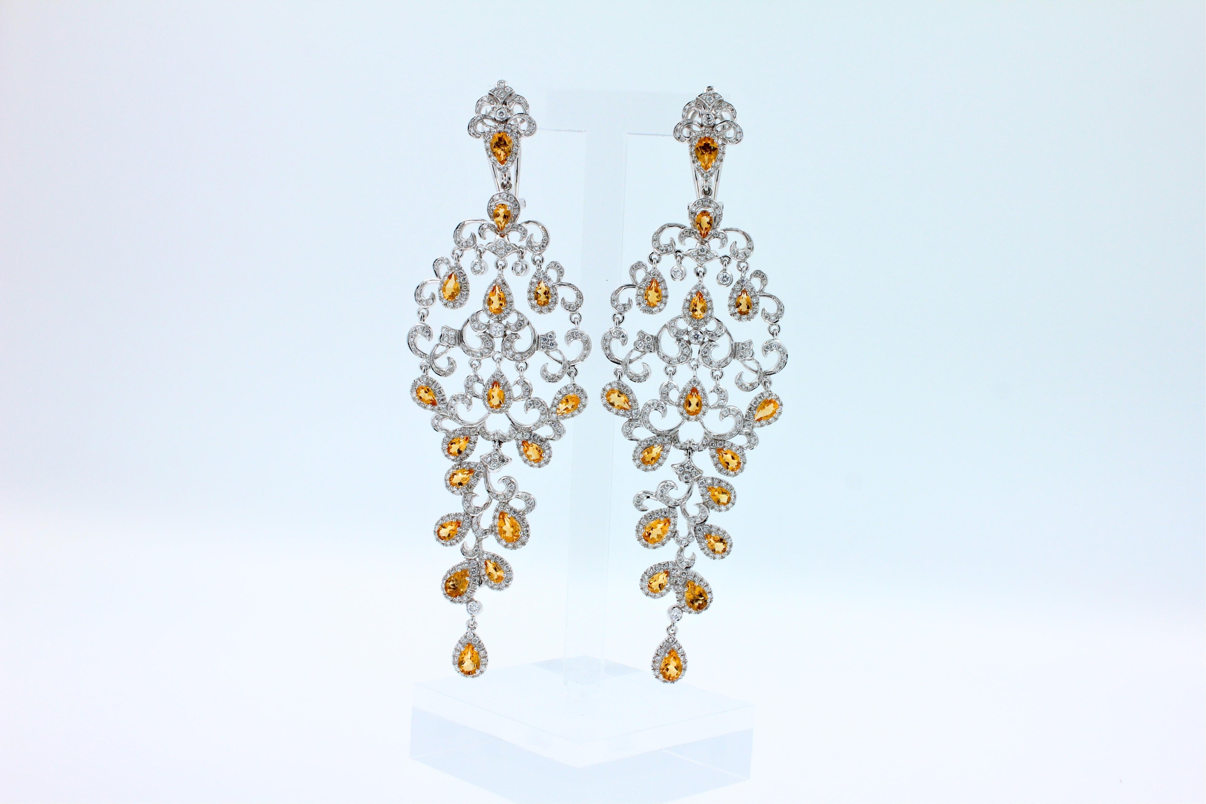 Yellow Sapphire Ornamental Diamond Pave Chandelier Drop 18k White Gold Earrings