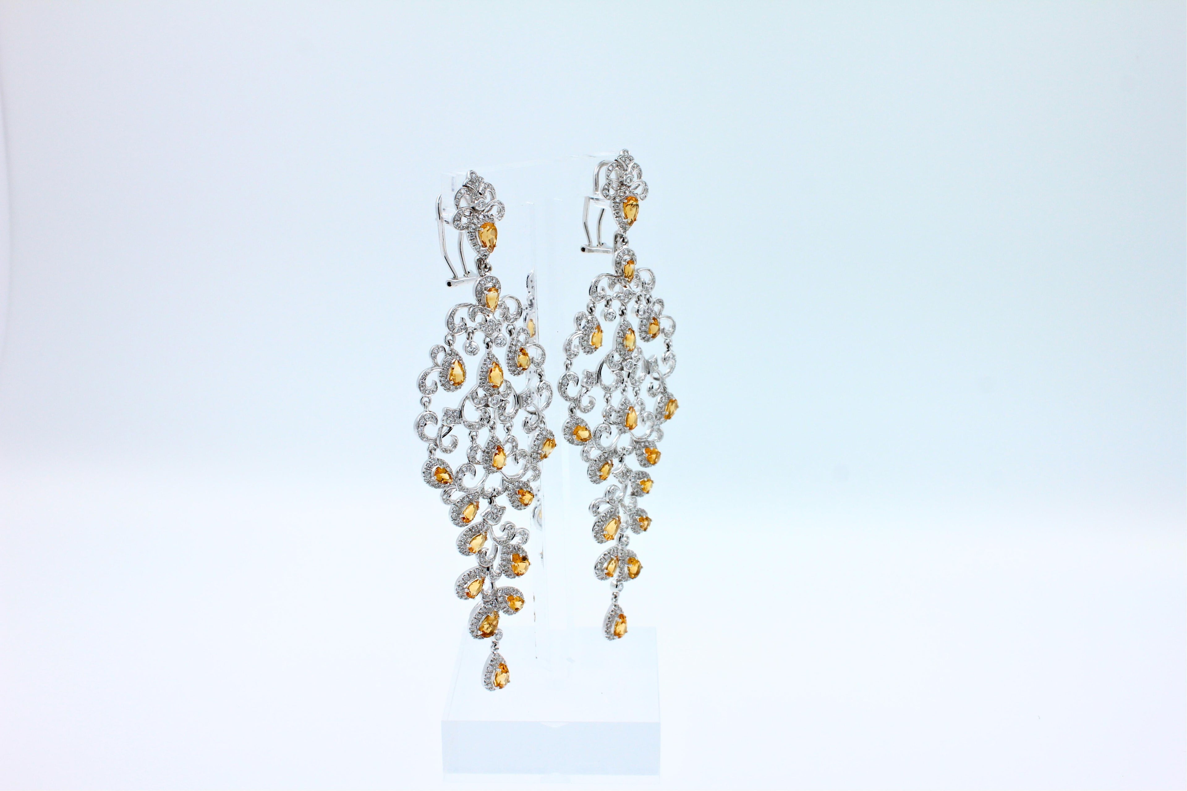 Yellow Sapphire Ornamental Diamond Pave Chandelier Drop 18k White Gold Earrings