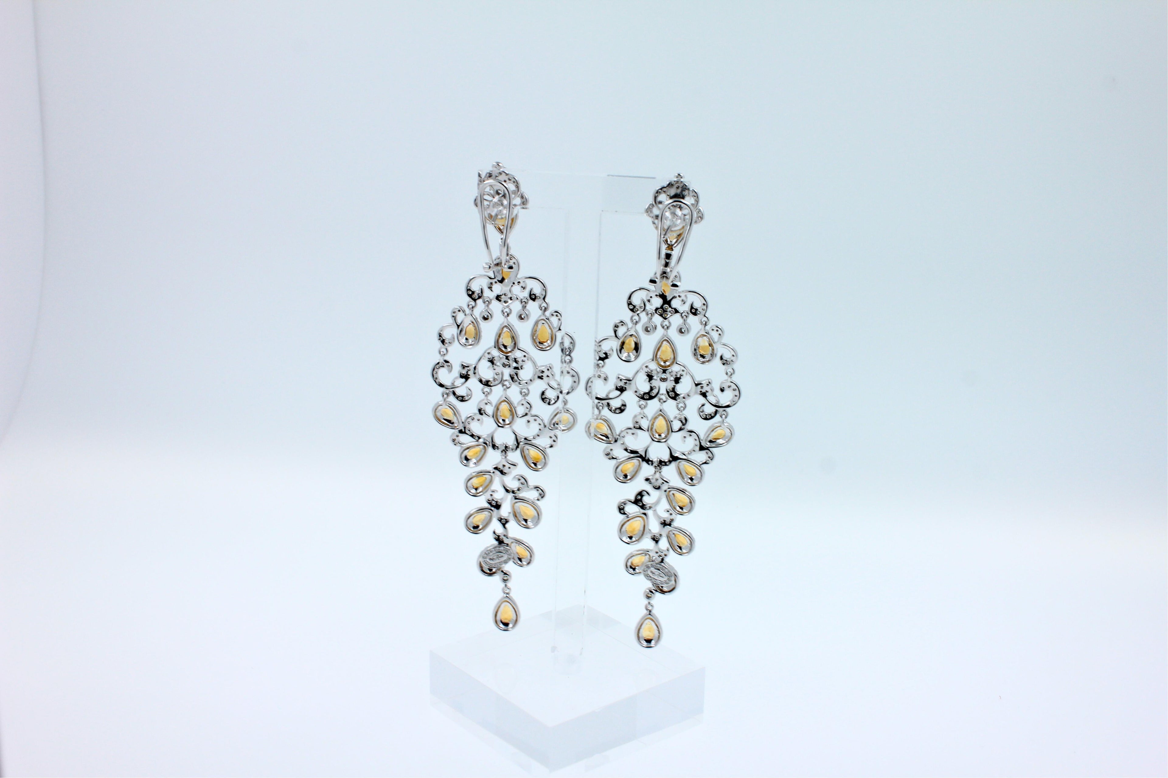 Yellow Sapphire Ornamental Diamond Pave Chandelier Drop 18k White Gold Earrings
