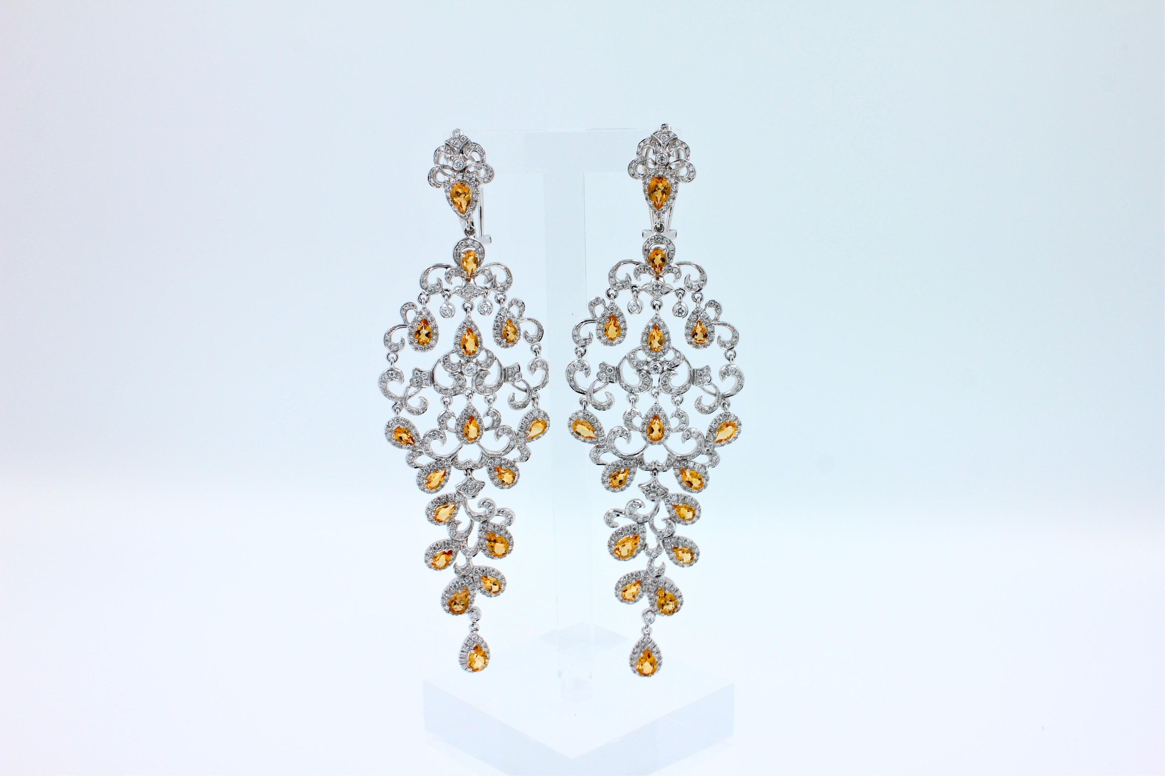 Yellow Sapphire Ornamental Diamond Pave Chandelier Drop 18k White Gold Earrings