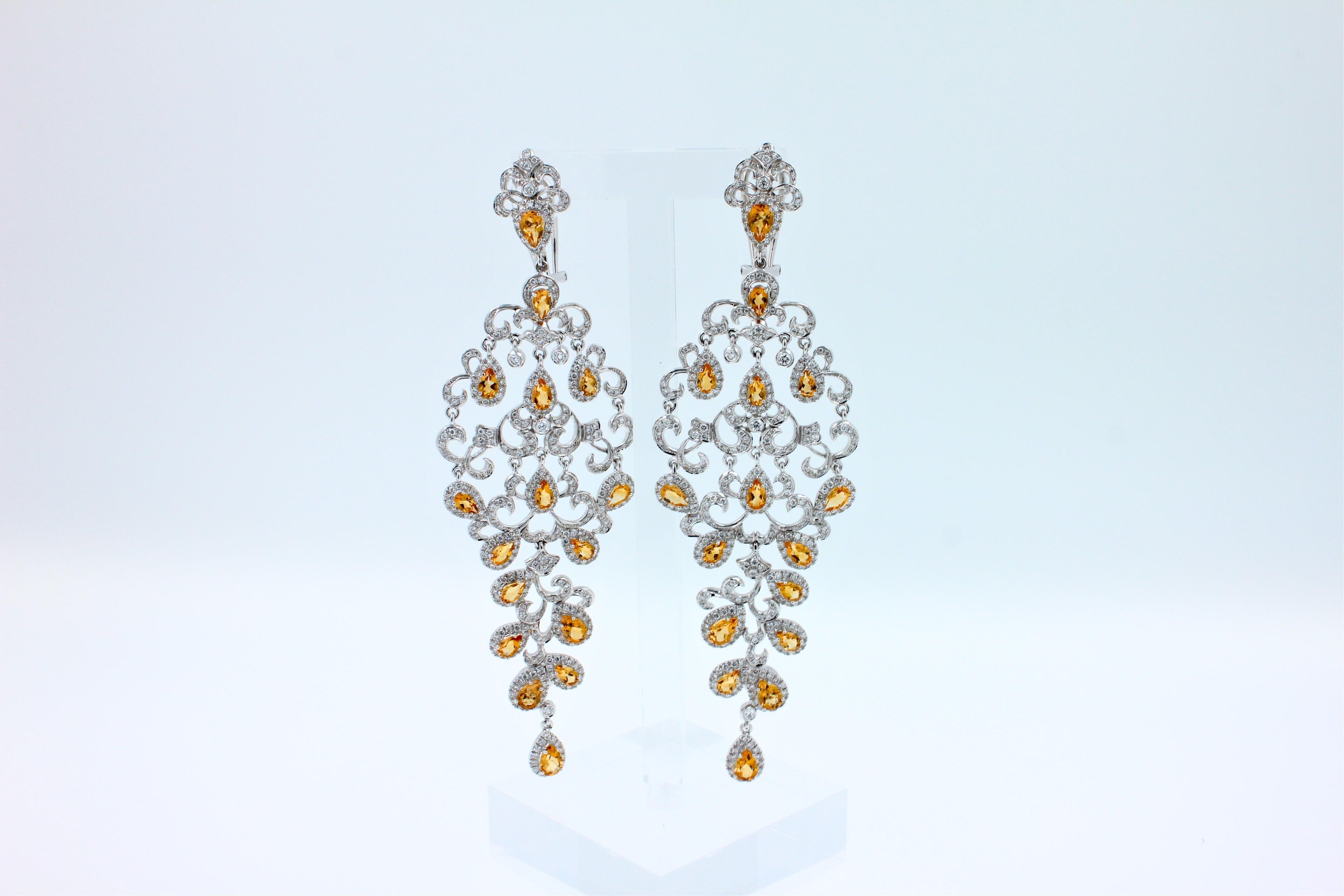 Yellow Sapphire Ornamental Diamond Pave Chandelier Drop 18k White Gold Earrings