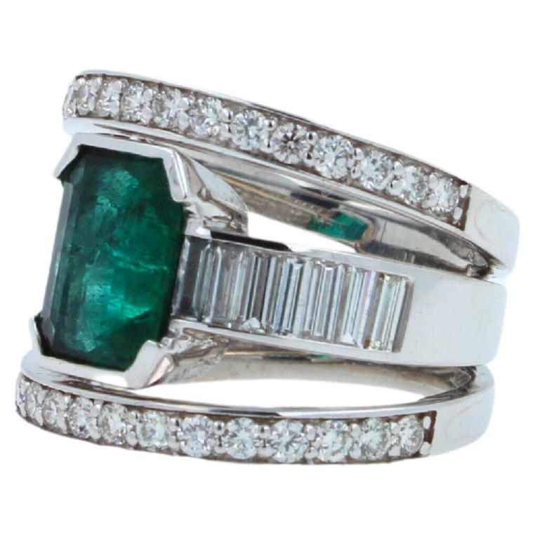 Zambian Emerald 18 Karat White Gold Full Finger Bezel Diamond Baguette Rows Ring