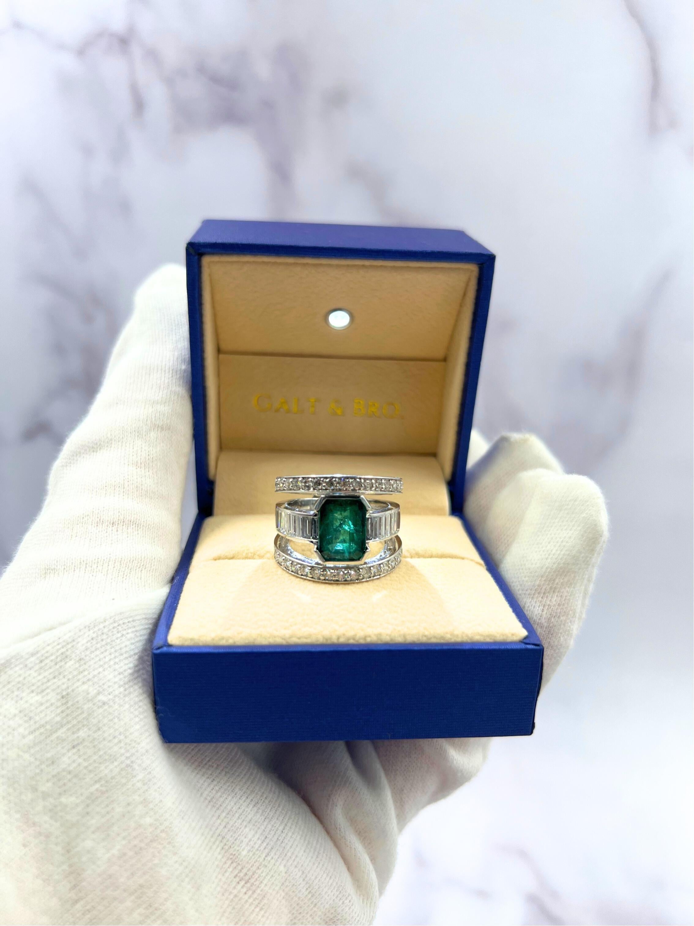 Zambian Emerald 18 Karat White Gold Full Finger Bezel Diamond Baguette Rows Ring