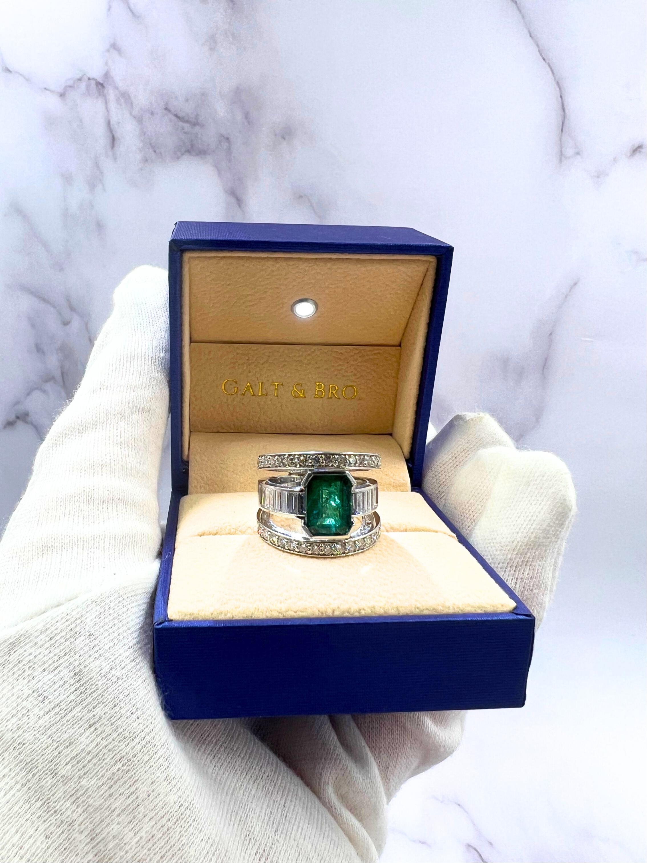 Zambian Emerald 18 Karat White Gold Full Finger Bezel Diamond Baguette Rows Ring