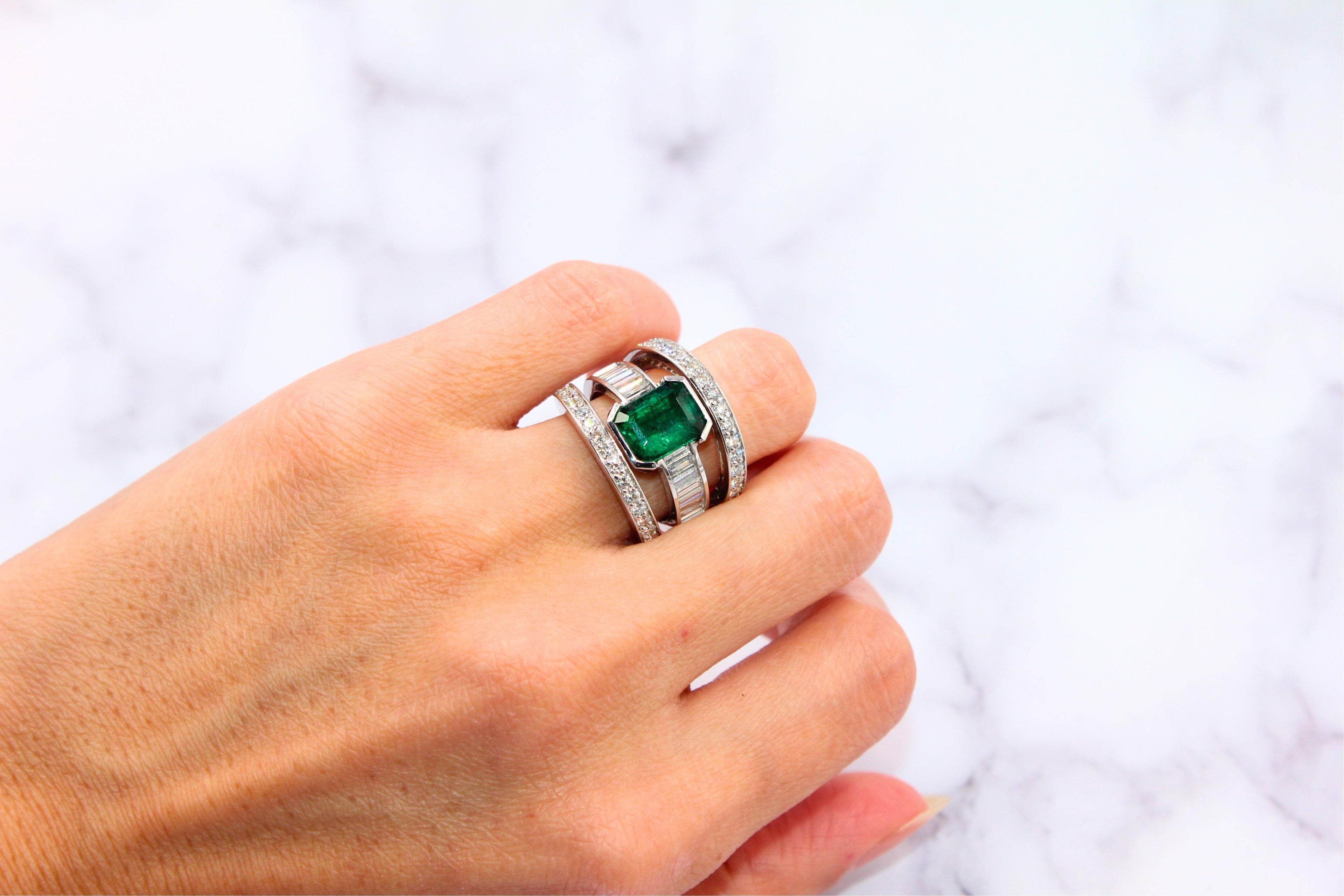 Zambian Emerald 18 Karat White Gold Full Finger Bezel Diamond Baguette Rows Ring