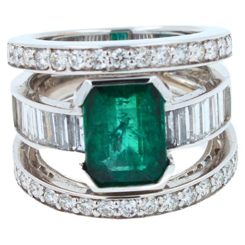 Zambian Emerald 18 Karat White Gold Full Finger Bezel Diamond Baguette Rows Ring