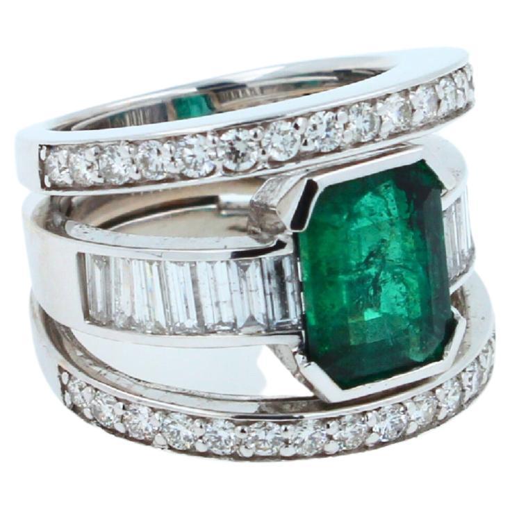 Zambian Emerald 18 Karat White Gold Full Finger Bezel Diamond Baguette Rows Ring