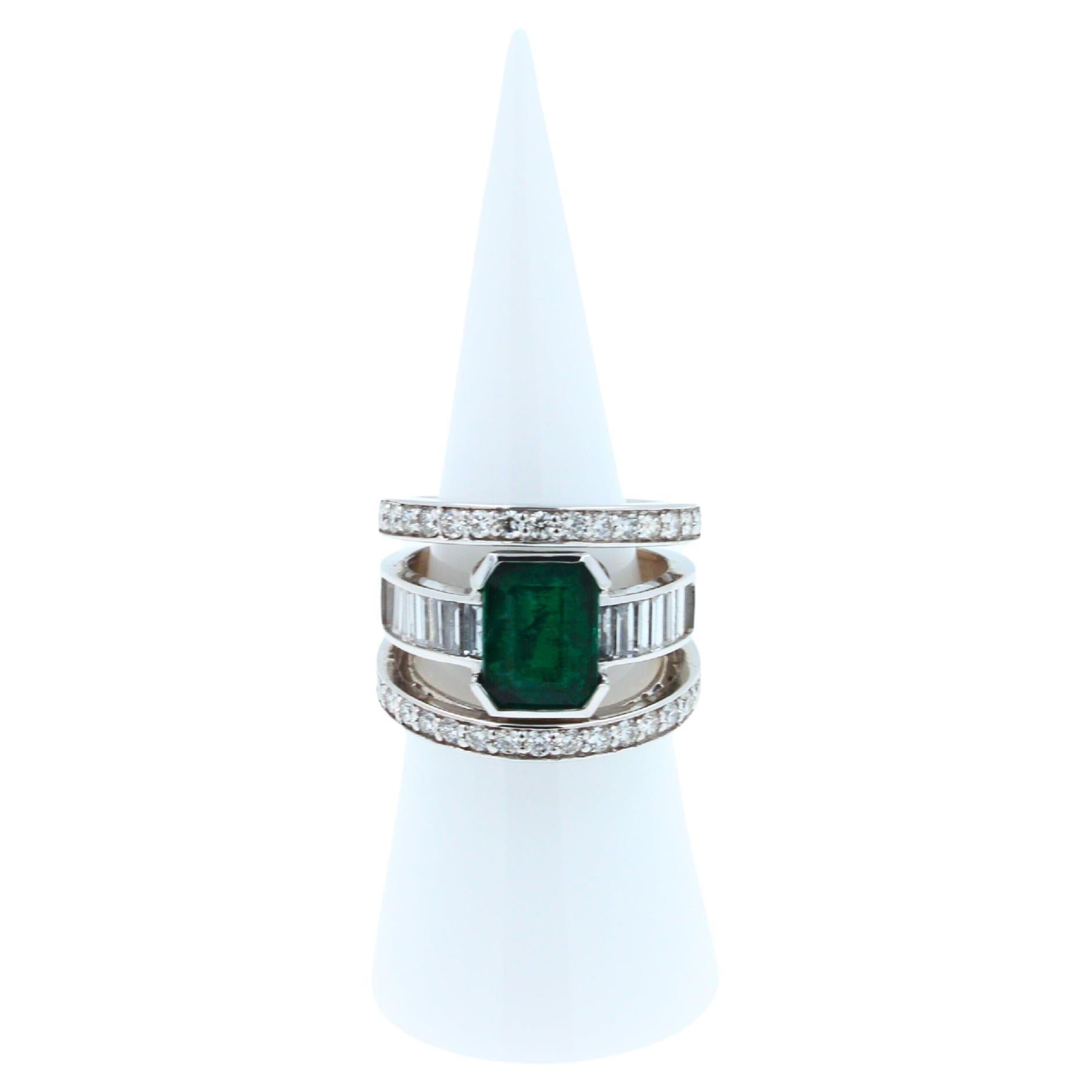 Zambian Emerald 18 Karat White Gold Full Finger Bezel Diamond Baguette Rows Ring