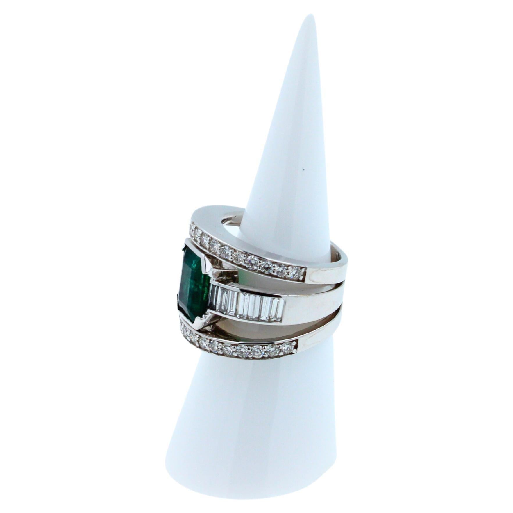 Zambian Emerald 18 Karat White Gold Full Finger Bezel Diamond Baguette Rows Ring