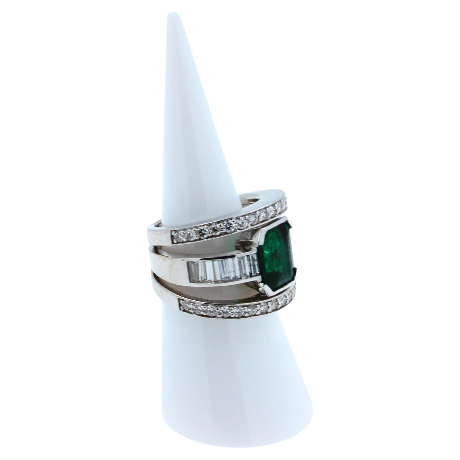 Zambian Emerald 18 Karat White Gold Full Finger Bezel Diamond Baguette Rows Ring
