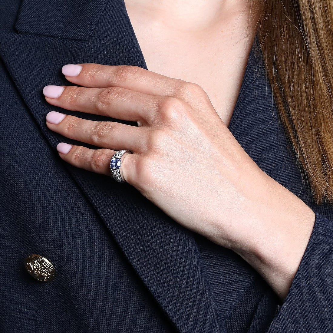 Boucheron Cushion Blue Sapphire & Diamonds Pave Set 18K White Gold Ring