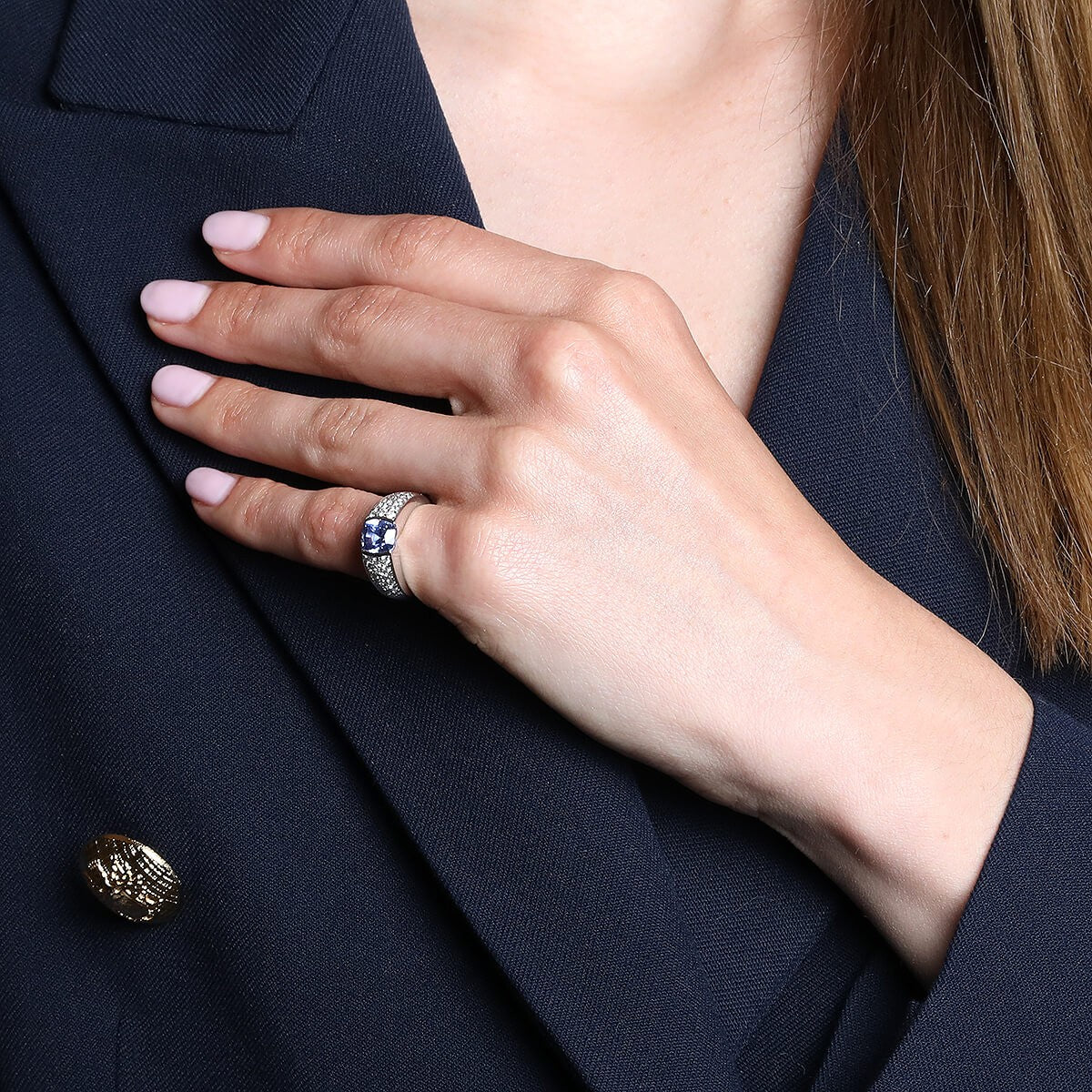 Boucheron Cushion Blue Sapphire & Diamonds Pave Set 18K White Gold Ring