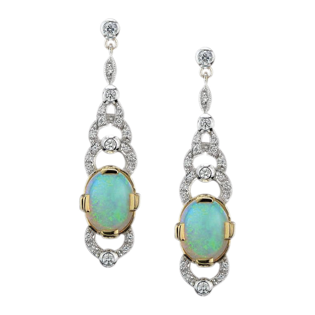 Australian Opal & Diamond Drop 14K White Yellow Gold Drop Dangle Earrings