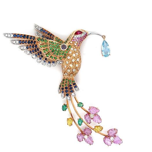 Multicolor Sapphire & Gemstone & Diamond Pave Hummingbird Rose Gold Pin Brooch