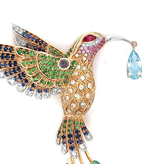 Multicolor Sapphire & Gemstone & Diamond Pave Hummingbird Rose Gold Pin Brooch