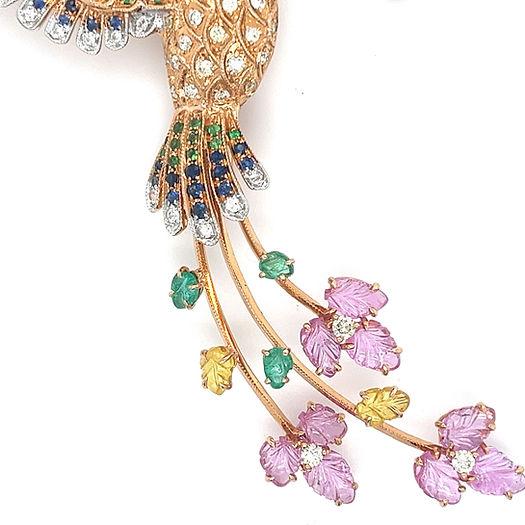 Multicolor Sapphire & Gemstone & Diamond Pave Hummingbird Rose Gold Pin Brooch