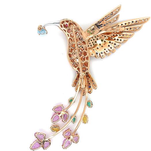 Multicolor Sapphire & Gemstone & Diamond Pave Hummingbird Rose Gold Pin Brooch