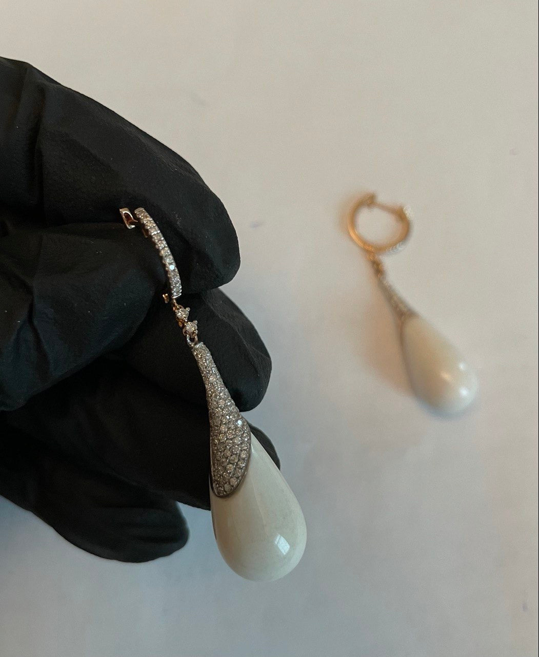 White Agate Cabochon White Pave Diamonds 18 Karat Rose Gold Unique Drop Earrings