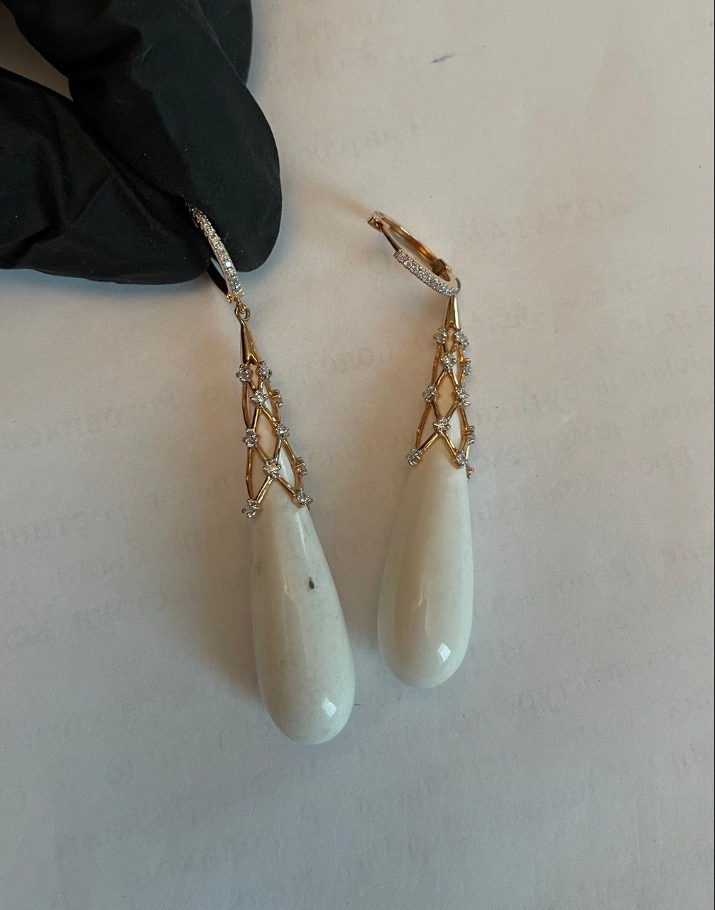 White Agate Cabochon White Pave Diamonds 18 Karat Rose Gold Unique Drop Earrings