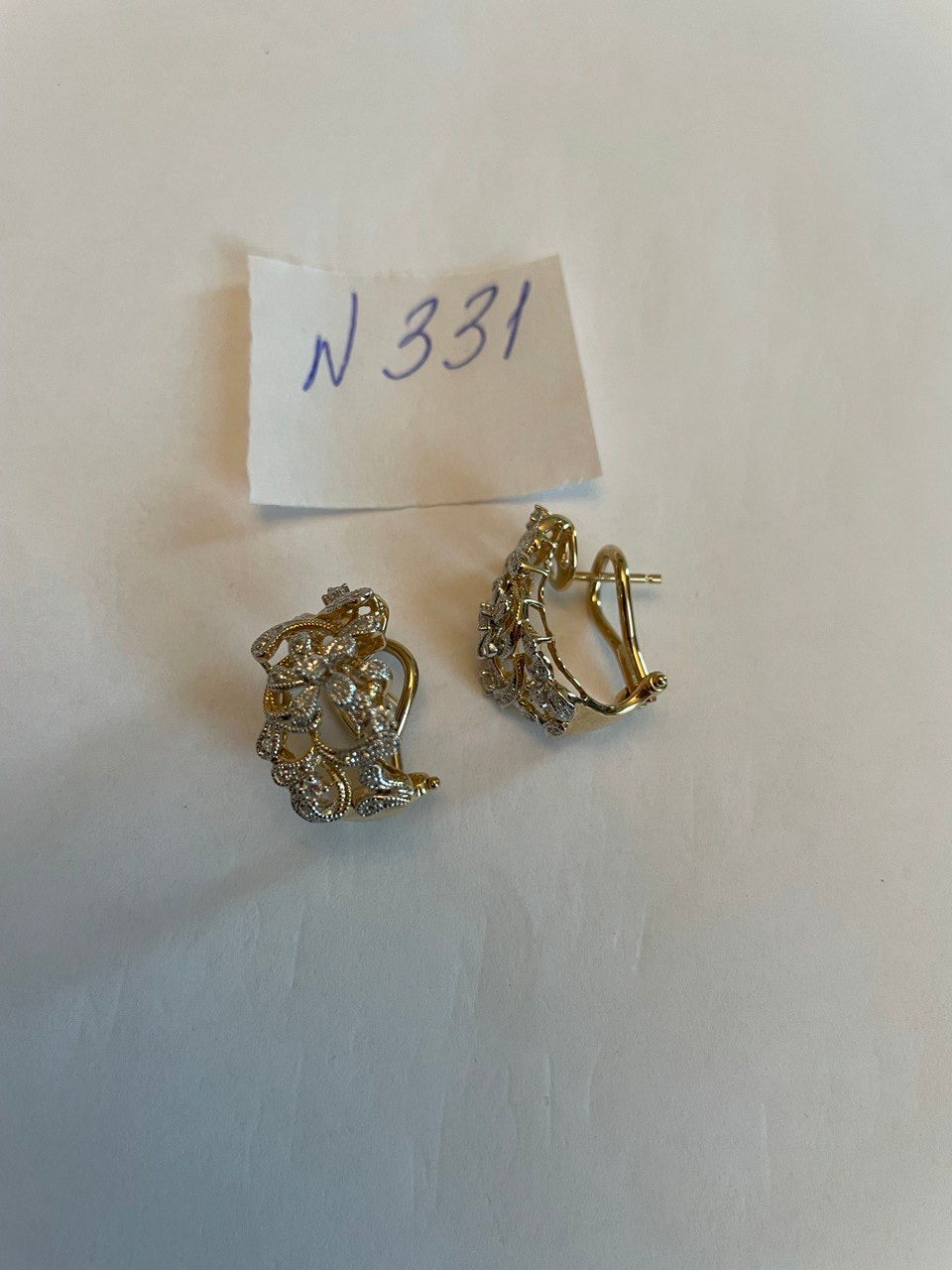 Diamond Floral Scroll Motifs  14K Yellow Gold Statement Huggie Hinged Earrings