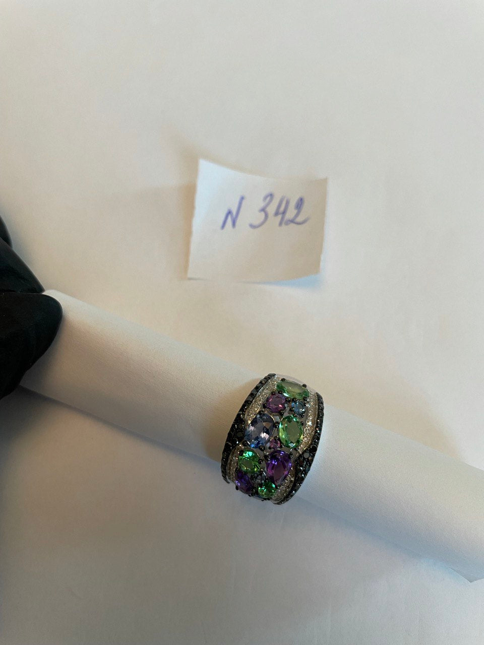 Purple Amethyst Green Tsavorite Blue Sapphire Black Diamonds 14K White Gold Ring